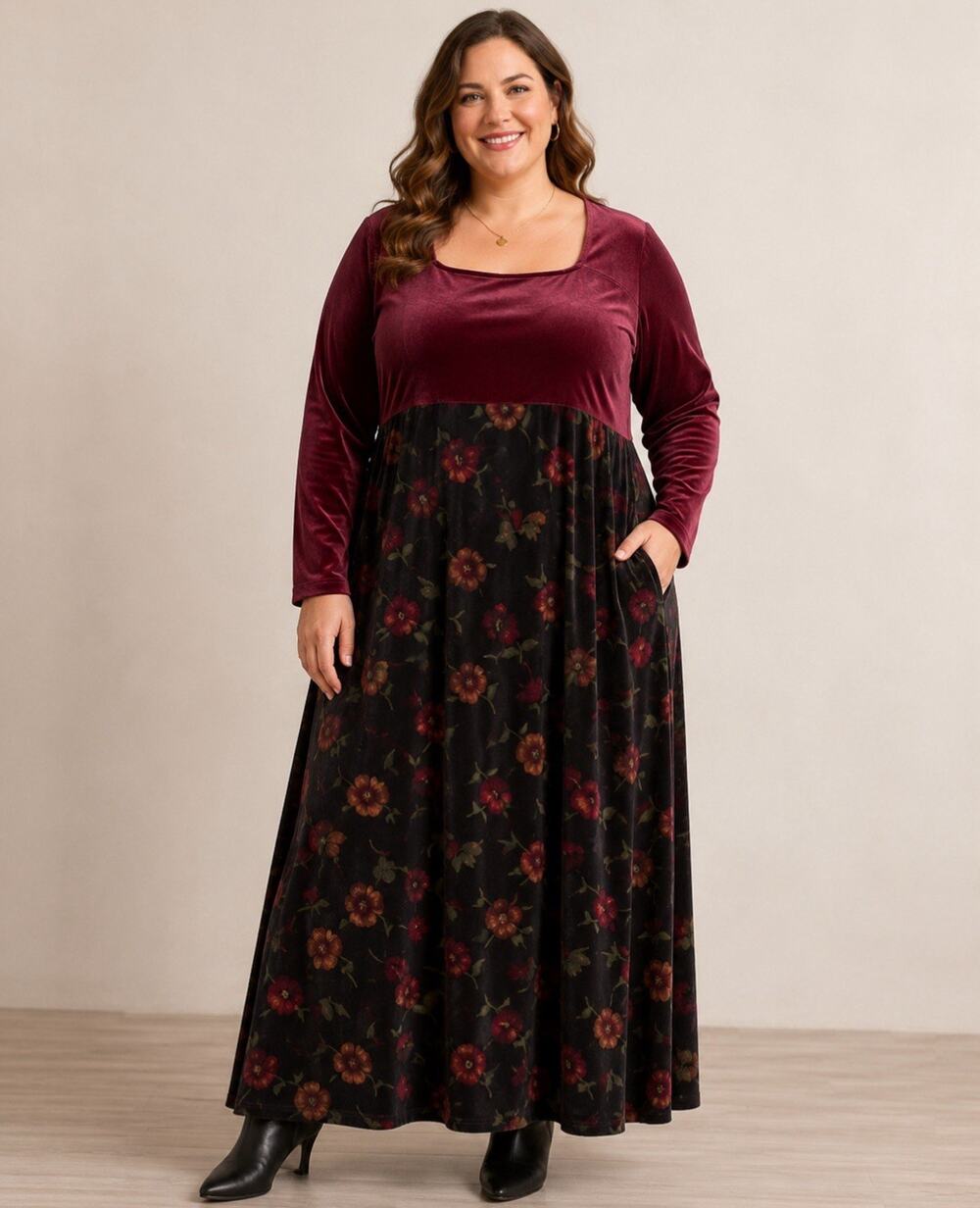 Boho Vtg Style Whimsigoth Studio Plus Size Velvet Maxi Dress 2X Burgundy Floral